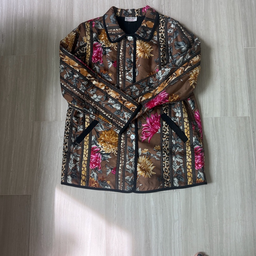 Victor Costa Brown Floral Utility Jacket. Silk Fleece